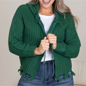 Women's Mittoshop Hunter Green Knit Full-Zip Hoodie Sweater M
